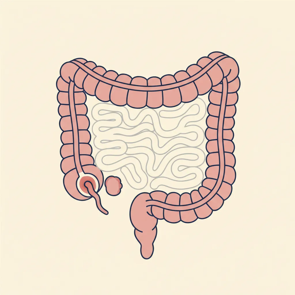 Editorial anatomical illustration of the large intestine inside the lower abdomen, with a colostomy stoma exiting through the lower-left abdominal wall.